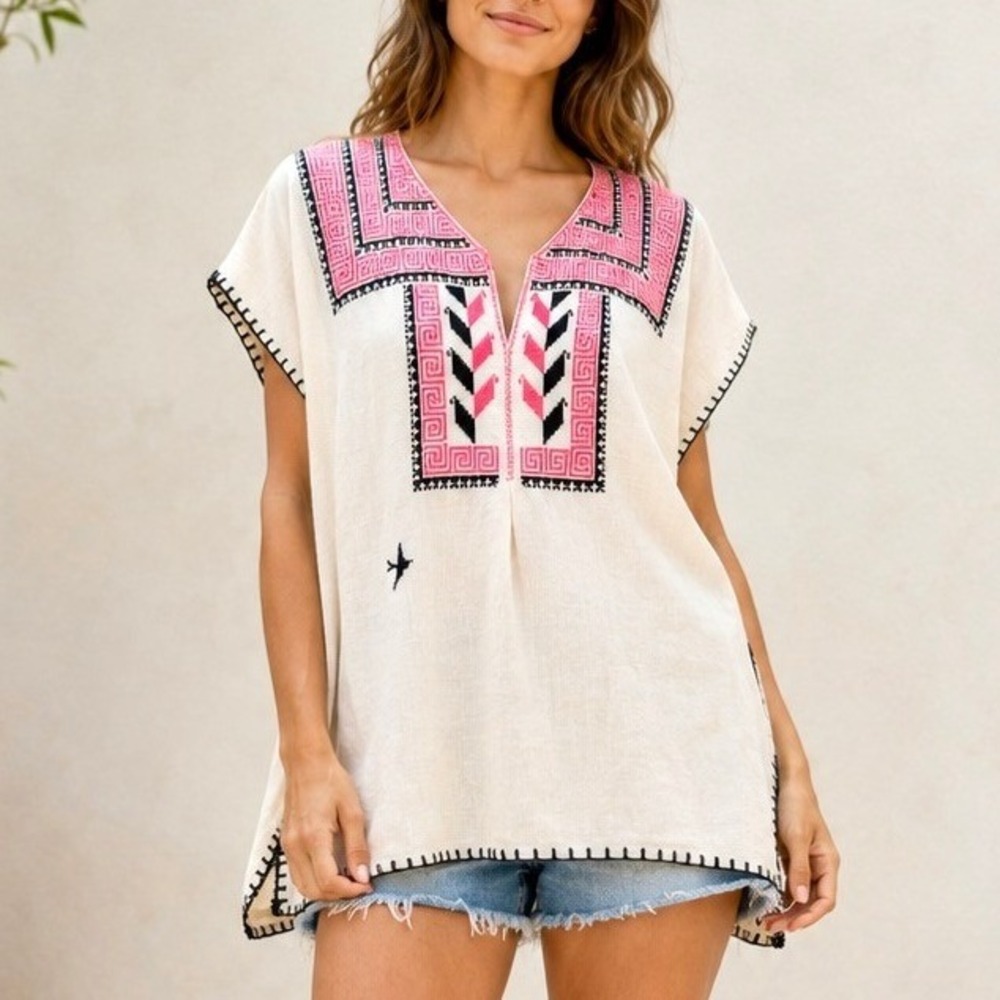 Mi Golondrina Ivory Linen Embroidered Tunic Kaftan Top Mexico L Large Mexican